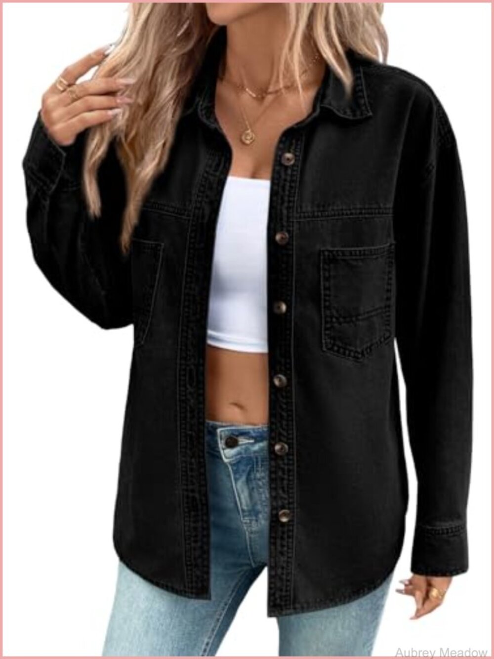 Oversized Denim Button Down Shirt Long Sleeve V Neck Casual Top